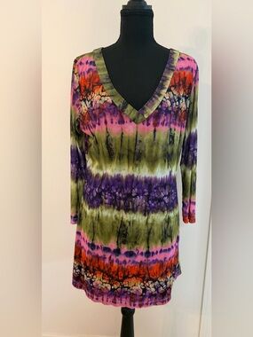 ETHYL Tie-Dye V-Neck Stretchy Tunic in Green, Purple & Pink Boho Hippie Large